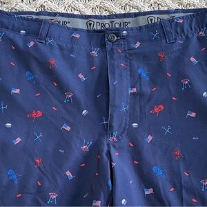 ProTour Golf Shorts Navy Patriotic BBQ Flag Hot Dogs Size 40 Stretch Waistband